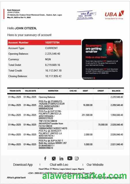 Nigeria United Bank for Africa bank statement Word and PDF template